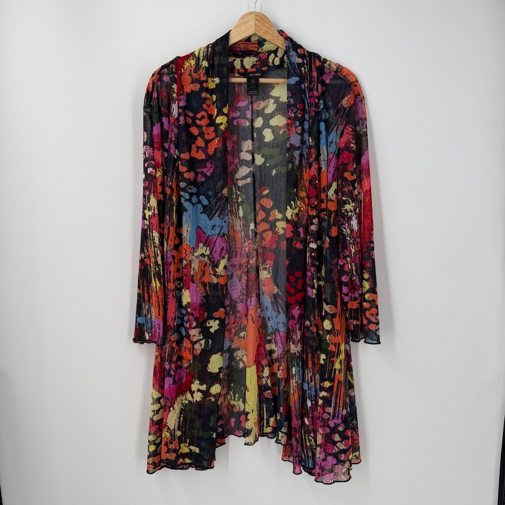 Ali Miles Womens 2X Abstract Print Mesh Open Front Cardigan Multi‎ Color Sheer